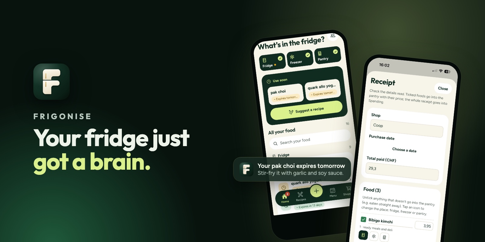 FRIGONISE app: home screen, receipt scan and an expiry reminder