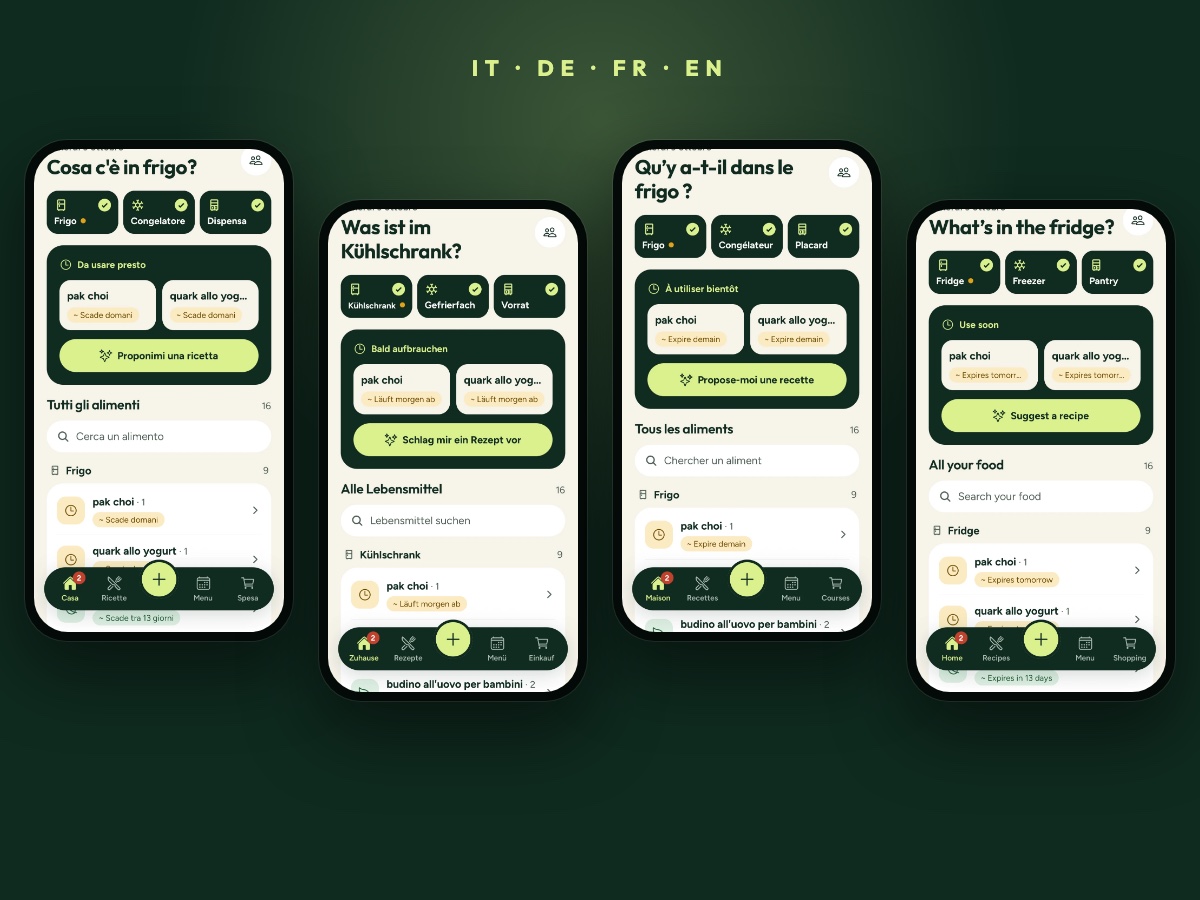 The FRIGONISE home screen in Italian, German, French and English